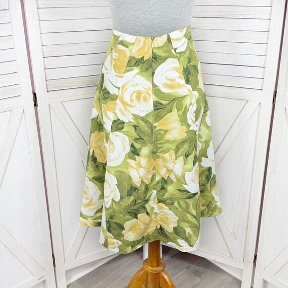 Premise Floral Roses Linen Blend A Line Flare Midi Skirt Lime Green Yellow 4 - Picture 4 of 13